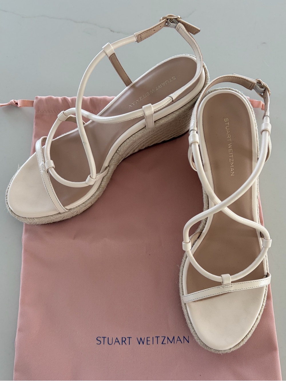 Stuart Weitzman Cream Leather Strappy Espadrille Wedge Sandals Size 8.5